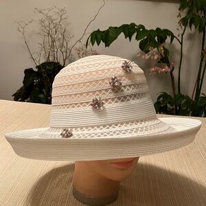 Elegant White Hat With Pink Crystal Butterfly Accents